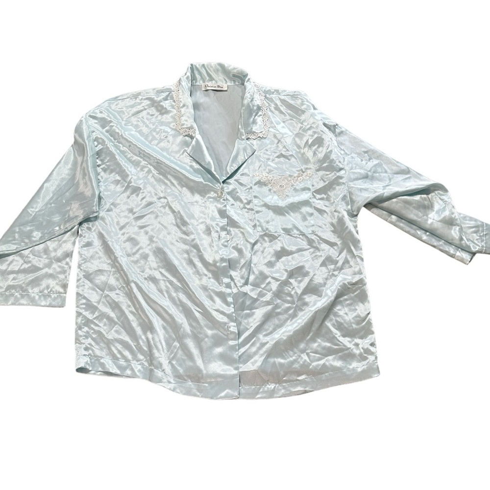 Vintage Christian Dior vintage‎ satin pj top blue/green with lace Large